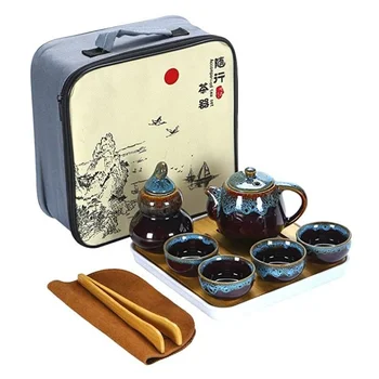 JY Gifts Портативный Дорожный Керамический подарочный набор для чая кунг-фу с чайником, Чайными чашками, Подносом для Канистр и Дорожной Сумкой, дорожный чайный набор