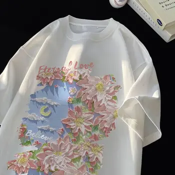 Хлопковая футболка с короткими рукавами для мужчин и женщин, летняя новинка, модный бренд с принтом, свободные, оверсайз, Гонконгский стиль, модные футболки с короткими рукавами