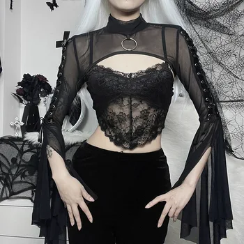 Женская блузка из прозрачной сетки в готическом стиле Diablo С полувысоким вырезом, Расклешенные рукава на двусторонней тесьме, Узкие плечи