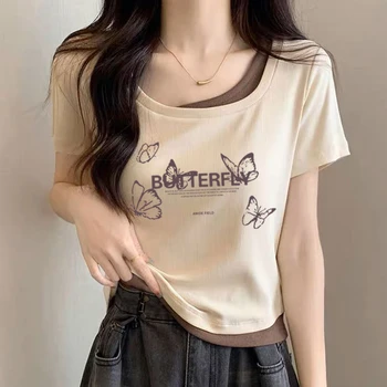 S-4XL, женская хлопковая футболка с U-образным вырезом, топы в стиле пэчворк с круглым вырезом, короткий рукав, 200 фунтов, женская летняя Тонкая базовая короткая футболка