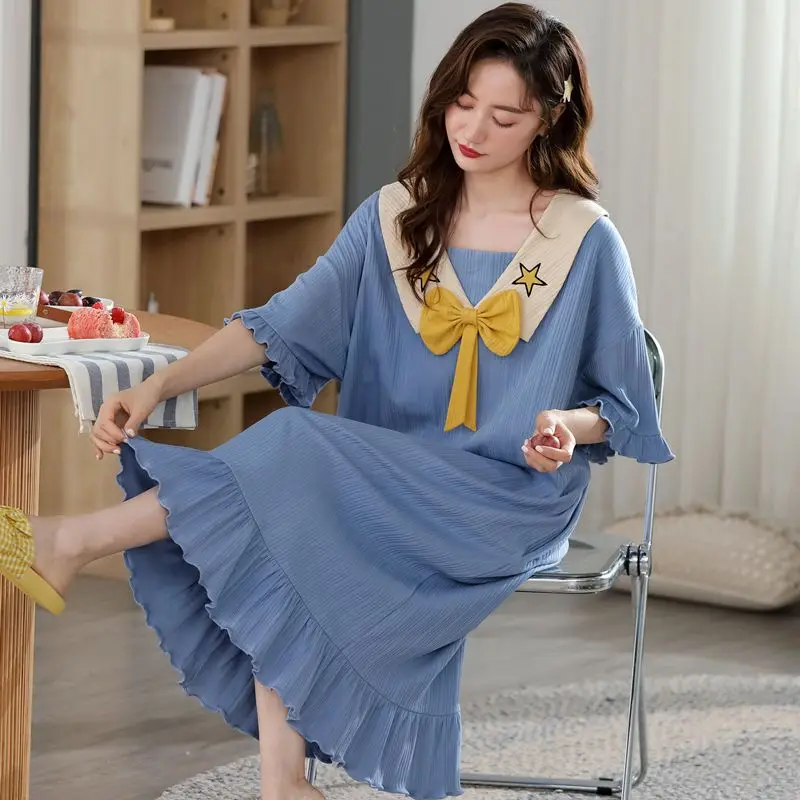 Пижама с бантом, женская милая ночная рубашка, ночное платье в корейском стиле, Летняя пижама для сна, Домашняя одежда с короткими рукавами и рюшами - 0