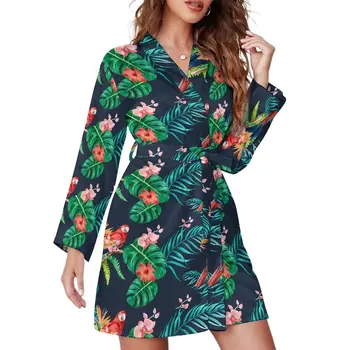 Пижамный халат с тропическим рисунком гибискуса, V-образный вырез, сексуальные платья Jungle Parrot, женская повседневная пижама с длинными рукавами, пижамные халаты с рисунком