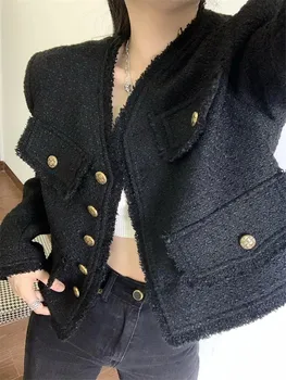 Черный винтажный Твидовый пиджак с V-образным вырезом, женское Осеннее Корейское модное однобортное короткое пальто с бахромой, Элегантная верхняя одежда с накладными карманами
