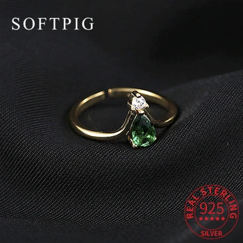 SOFTPIG, настоящее серебро 925 пробы, буква V, Изумрудное Регулируемое кольцо для модниц, Милые Изысканные украшения, минималистичные аксессуары