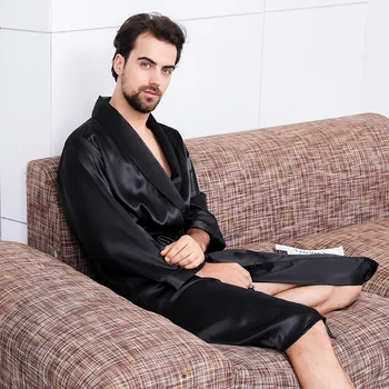 Мужской халат большого размера, кимоно, халат, халат с карманом, пижамы из черного шелка и атласа, Весенне-летняя домашняя одежда 5XL 6XL 7XL