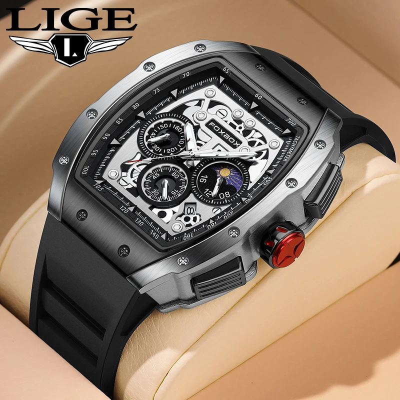 Мужские часы LIGE, роскошные квадратные модные деловые мужские часы с силиконовым ремешком, водонепроницаемые повседневные спортивные кварцевые часы для мужчин, хронограф - 0