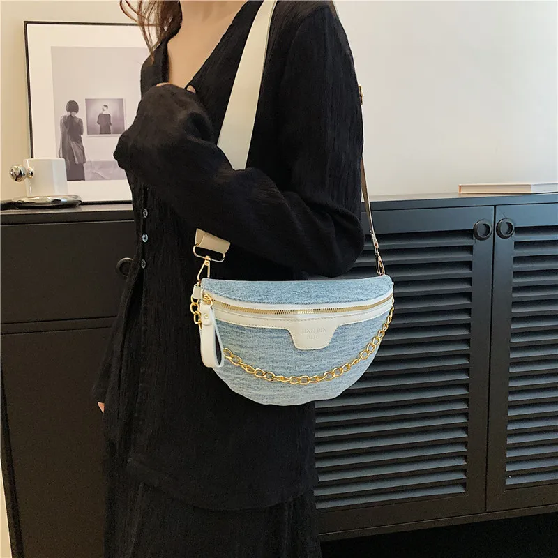 Модная джинсовая сумка 2023, новая женская поясная сумка, уличная трендовая сумка через плечо, сумка для телефона, женская нагрудная сумка для отдыха, сумочка на цепочке, - 1