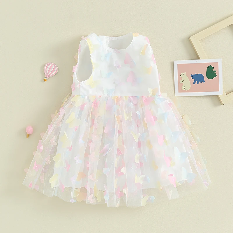 Повседневное платье для девочек с декором в виде бабочки для малышей, мини-платье без рукавов с круглым вырезом, праздничное платье для маленьких девочек - 0