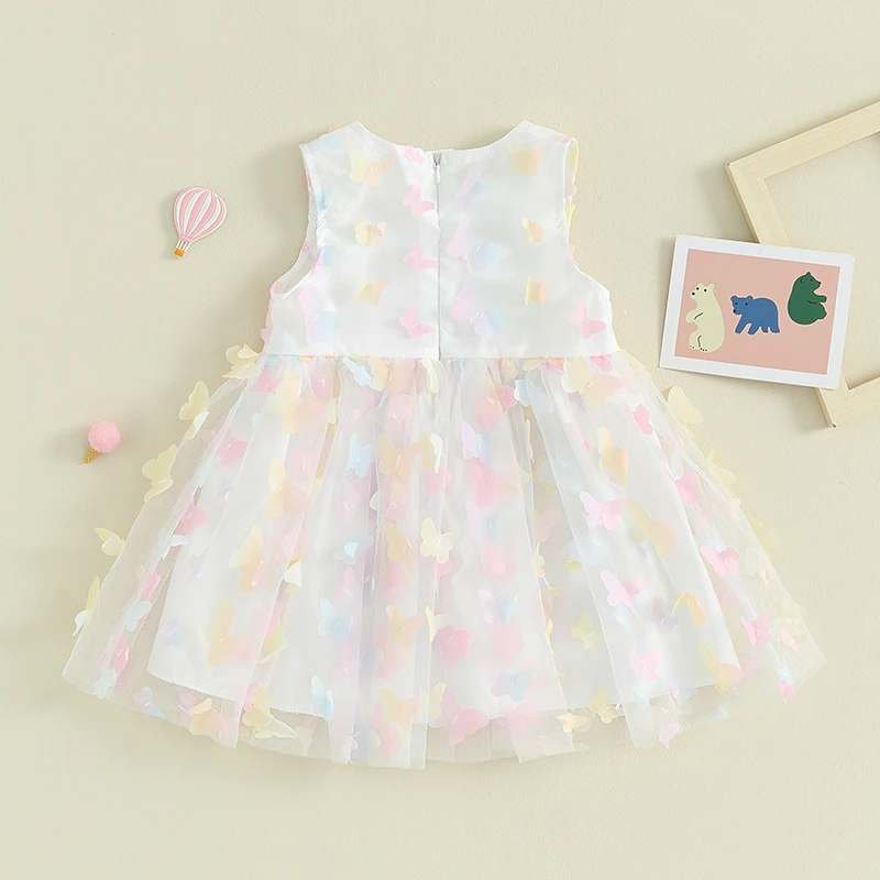 Повседневное платье для девочек с декором в виде бабочки для малышей, мини-платье без рукавов с круглым вырезом, праздничное платье для маленьких девочек - 3