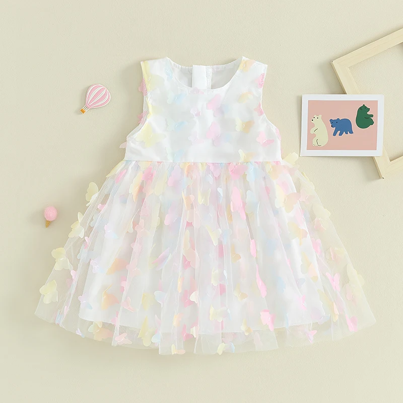 Повседневное платье для девочек с декором в виде бабочки для малышей, мини-платье без рукавов с круглым вырезом, праздничное платье для маленьких девочек - 4