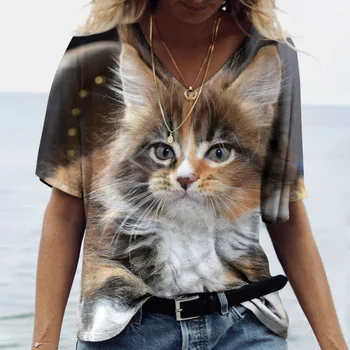 Новая женская футболка Kawaii Cat С 3D принтом, Повседневная Одежда для девочек с V-образным вырезом и коротким рукавом, Свободный пуловер, Топ, Милые Футболки, Femme