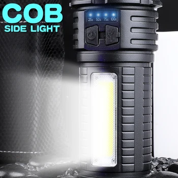 Новый светодиодный суперяркий фонарик T6 + COB, фонарик для наружного освещения, USB-зарядка, прожектор с индикатором мощности бокового освещения.