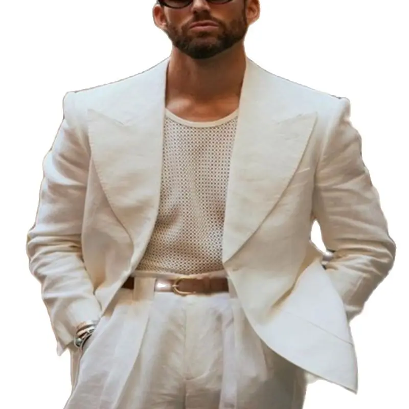 Новое поступление, мужские костюмы, приталенный Белый льняной мужской костюм, Блейзеры, брюки, 2 предмета, официальные деловые Свадебные смокинги для жениха - 0