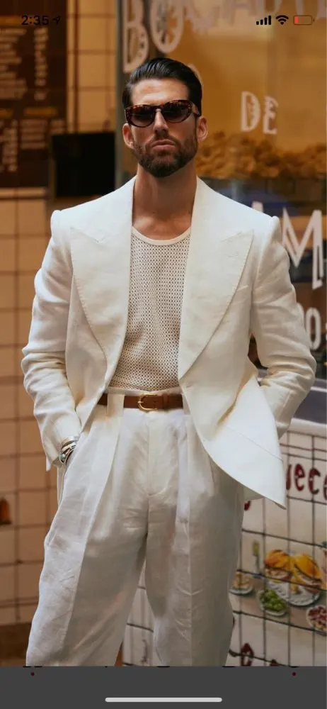 Новое поступление, мужские костюмы, приталенный Белый льняной мужской костюм, Блейзеры, брюки, 2 предмета, официальные деловые Свадебные смокинги для жениха - 1