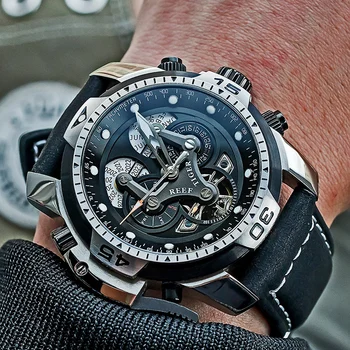 Мужские спортивные часы Reef Tiger / RT со сложным циферблатом из розового золота, автоматические военные часы с ремешком из натуральной кожи RGA3503