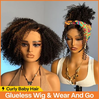 Кудрявый боб, готовый к носке, бесклеевой парик с застежкой HD, человеческие волосы, предварительно выщипанные, Пикси, Бразильские Прозрачные кружевные Фронтальные парики, женские