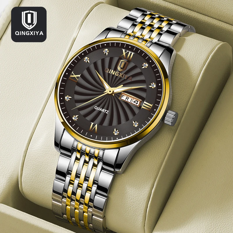 QINGXIYA Модные кварцевые часы для мужчин, водонепроницаемые мужские часы из нержавеющей стали, лучший бренд класса Люкс, дата недели, светящиеся наручные часы - 3