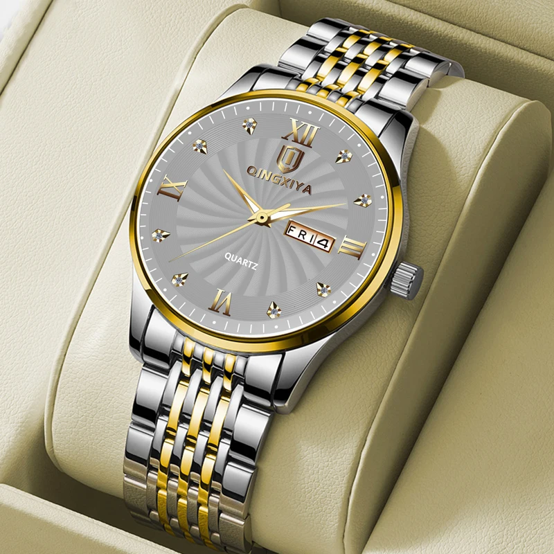 QINGXIYA Модные кварцевые часы для мужчин, водонепроницаемые мужские часы из нержавеющей стали, лучший бренд класса Люкс, дата недели, светящиеся наручные часы - 4