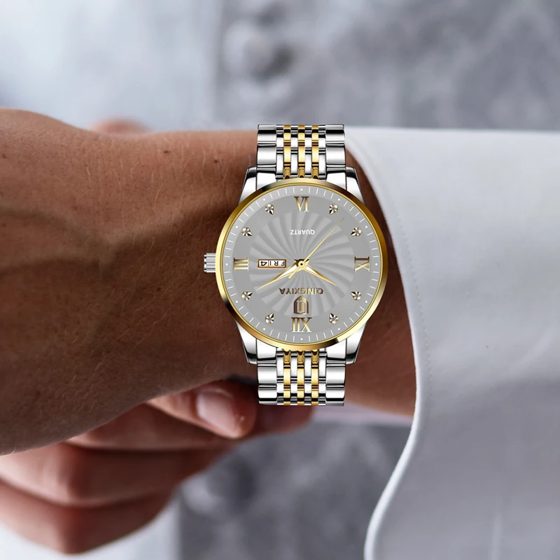 QINGXIYA Модные кварцевые часы для мужчин, водонепроницаемые мужские часы из нержавеющей стали, лучший бренд класса Люкс, дата недели, светящиеся наручные часы - 5