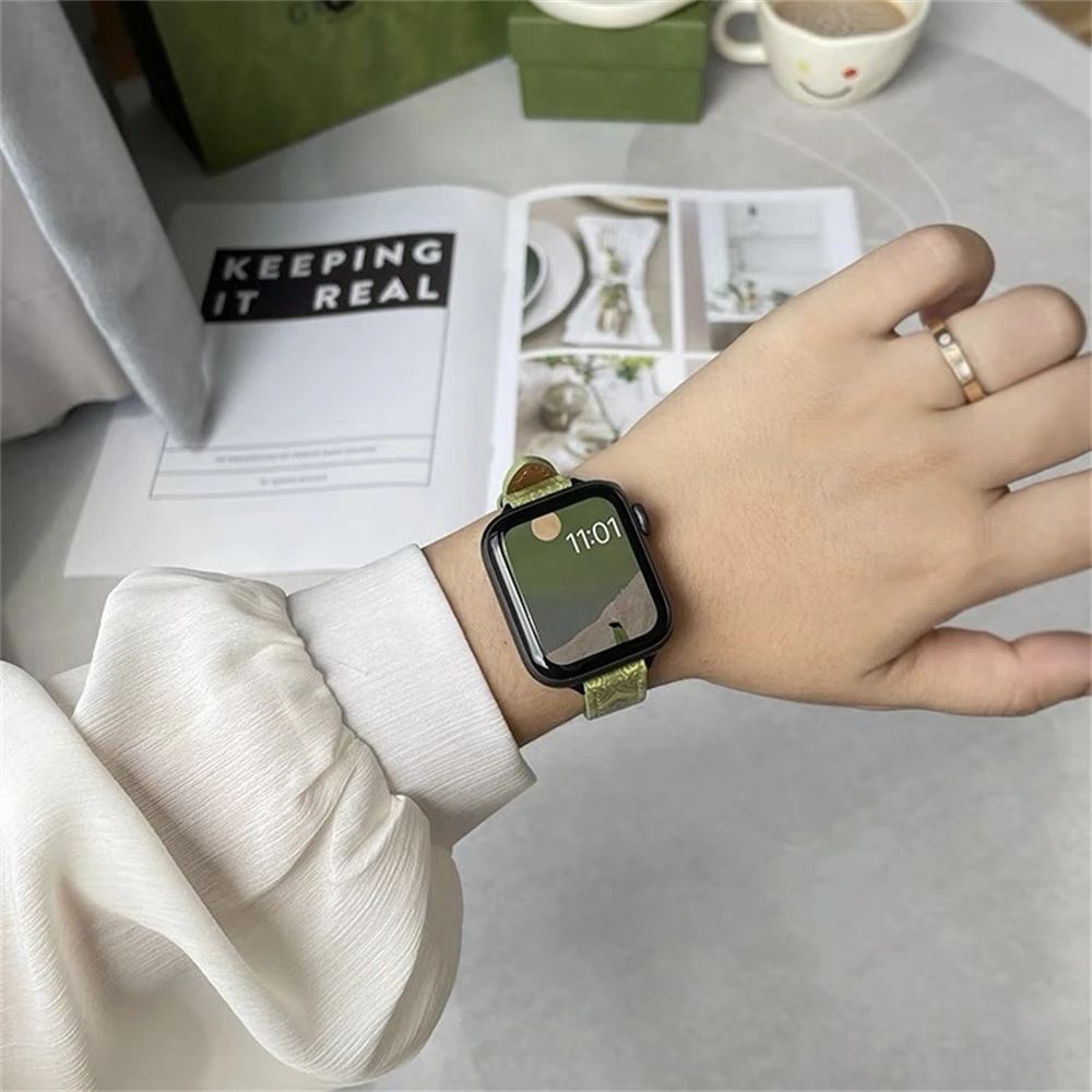 Тонкий Ремешок из Зеленой кожи с Винтажным Принтом Для Apple Watch Band 44 мм 40 мм 45 мм 41 мм 42 мм 38 мм Высококачественный Деловой ремешок для часов - 3