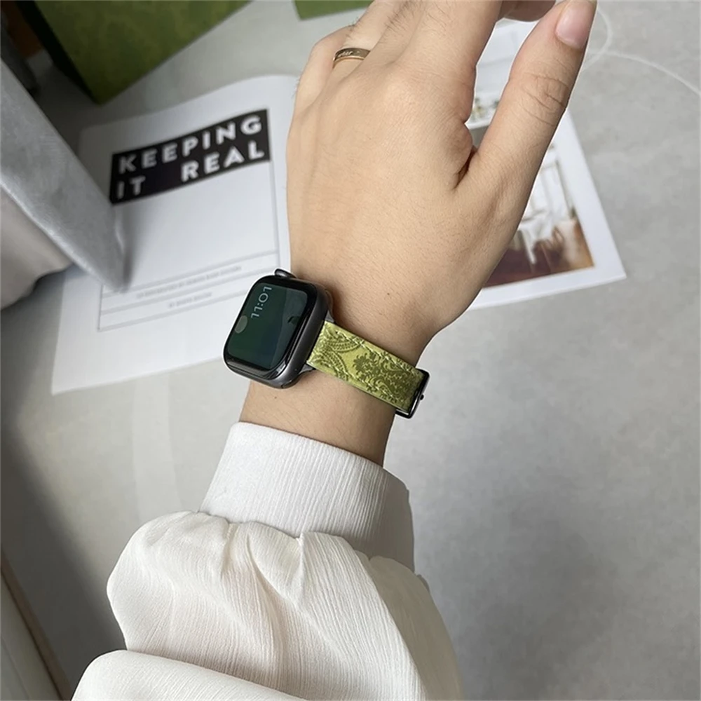 Тонкий Ремешок из Зеленой кожи с Винтажным Принтом Для Apple Watch Band 44 мм 40 мм 45 мм 41 мм 42 мм 38 мм Высококачественный Деловой ремешок для часов - 4