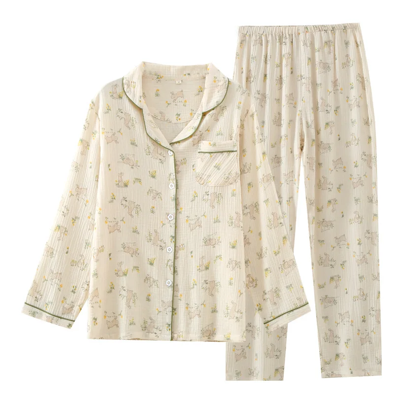Повседневная пижама Для женщин, Свободные брюки из чистого хлопка с длинными рукавами и отворотами, Комплект домашней одежды, осенне-зимний пижамный женский костюм - 5