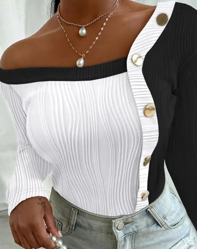 Женский модный текстурированный топ с цветными блоками, асимметричный дизайн шеи, повседневная футболка, женская облегающая футболка с длинным рукавом - 2