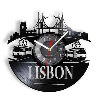 Португалия Городской пейзаж Лиссабона Виниловая пластинка Настенные часы Португальский светодиодный декор для дома Capital City Europe Skyline Часы современного искусства