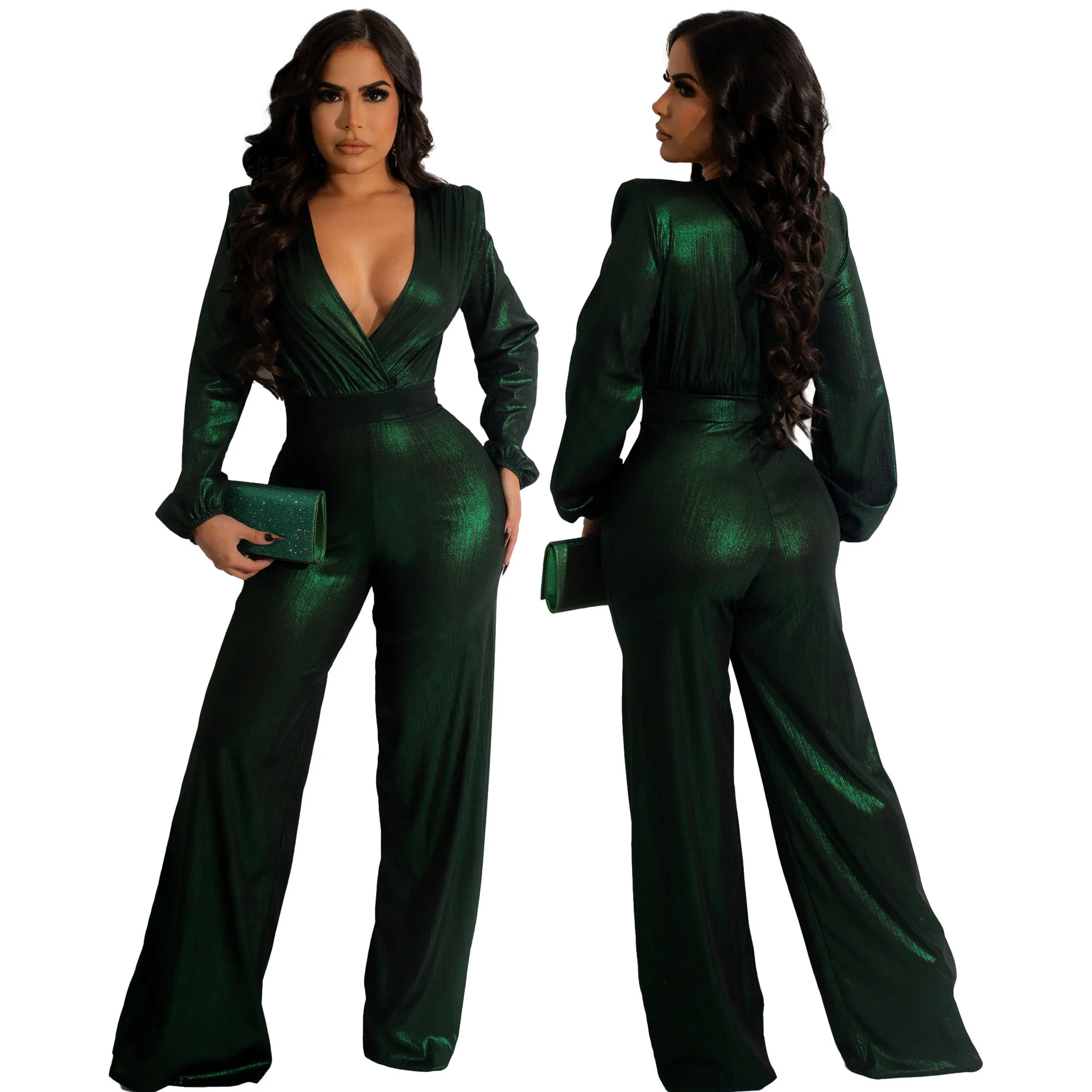Популярный зеленый облегающий комбинезон, сексуальные брюки с высокой талией и глубоким V-образным вырезом, комбинезон с широкими штанинами. - 4