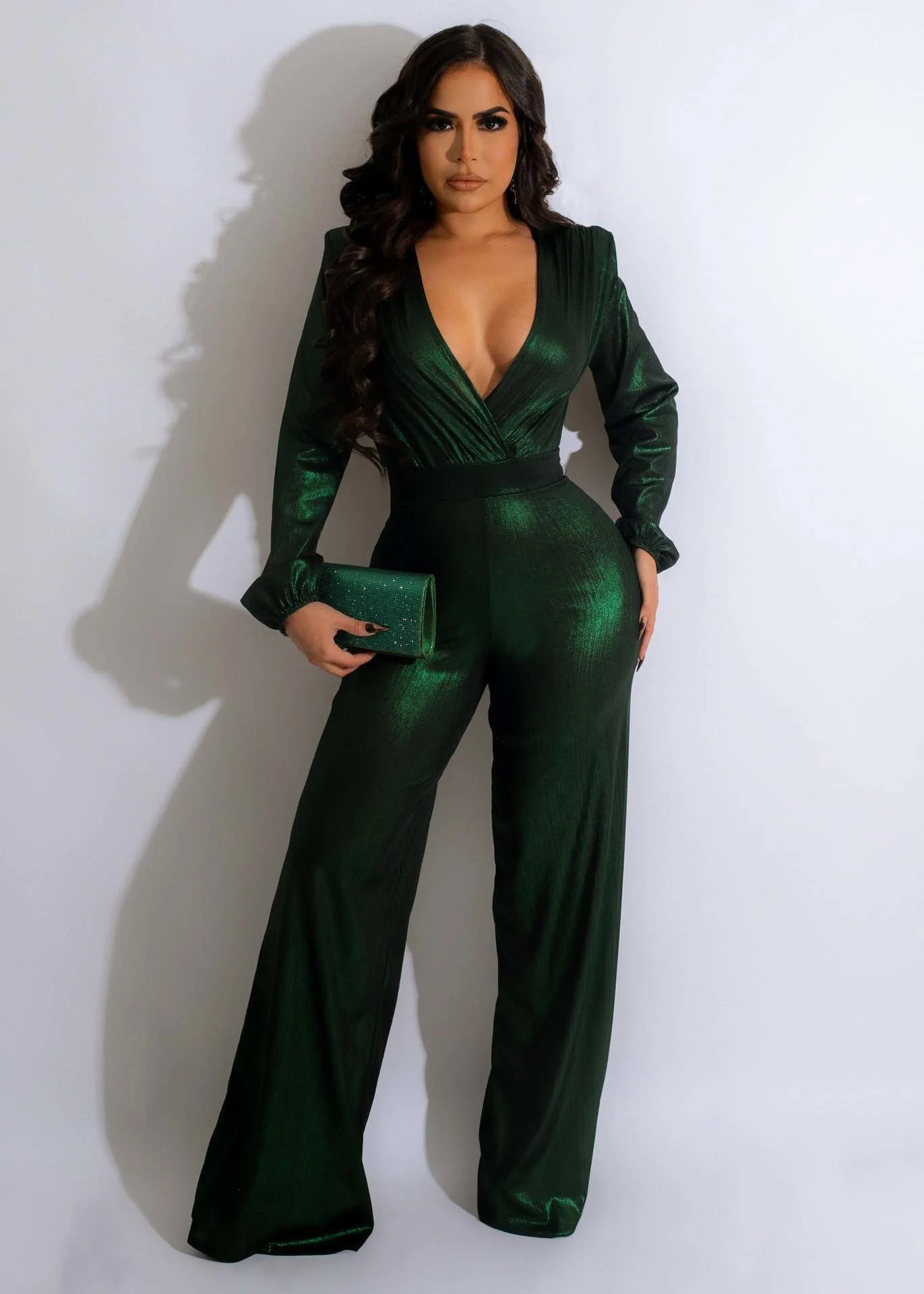 Популярный зеленый облегающий комбинезон, сексуальные брюки с высокой талией и глубоким V-образным вырезом, комбинезон с широкими штанинами. - 5