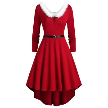 2023 Рождественское женское платье с воротником из искусственного плюшевого меха, коктейльное платье с длинным рукавом, осенне-зимнее приталенное асимметричное платье трапециевидной формы