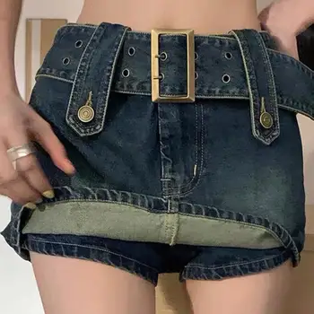 Винтажные джинсовые мини-юбки, женские Летние Сексуальные джинсовые юбки с твердым поясом, женское повседневное бальное платье, Корейские Тонкие юбки трапециевидной формы