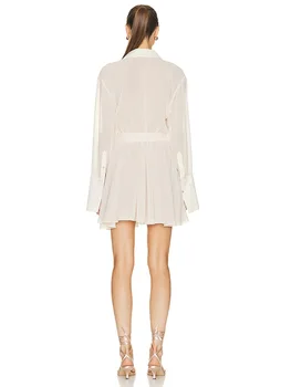 Женское летнее платье-рубашка, однотонное повседневное мини-платье трапециевидной формы с отложным воротником и длинным рукавом, плиссированное на талии