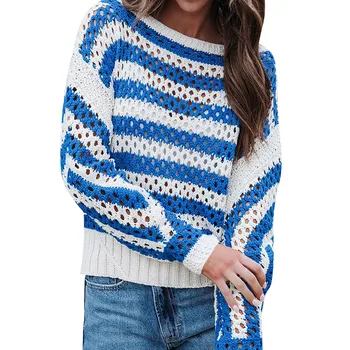 Женский вязаный пуловер с круглым вырезом и длинным рукавом в полоску