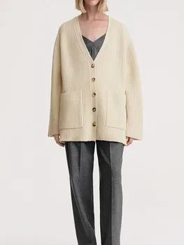 Женский вязаный кардиган с V-образным вырезом, Свободное повседневное однотонное толстое теплое пальто, женский однобортный свитер, пальто, мягкое и универсальное