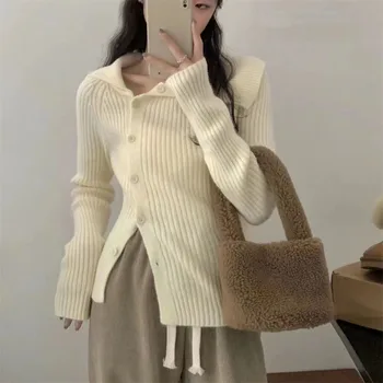 Осень-зима 2023, Новый женский стиль, неровный лацкан, Модный вязаный кардиган, однобортный тонкий простой свитер, пальто Теплое
