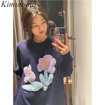 Женский жаккардовый свитер Kimutomo Sweet Свободного кроя с цветочным принтом, нежный О-образный вырез, длинные рукава, Контрастный цвет, простой универсальный вязаный пуловер Ins