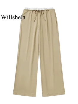 Willshela Женские модные прямые брюки с завязками цвета хаки, винтажные женские шикарные брюки полной длины с высокой эластичной талией.
