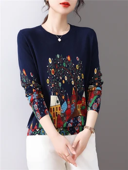 Женские свитера с цветочным принтом, весна-осень, модные пуловеры в корейском стиле, топ с длинным рукавом, женские блузы, тонкий вязаный свитер