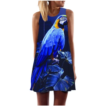 Новое летнее женское платье с 3D принтом Parrot, летнее праздничное пляжное платье, повседневное богемное милое платье-трапеция без рукавов на бретелях