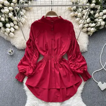 Осенние Корейские шифоновые рубашки со складками на талии, Модный повседневный однобортный плиссированный топ с длинными рукавами, облегающая Женская рубашка с нерегулярным подолом