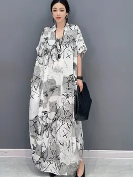 URIOR 2023 Летнее Новое Женское модное платье с V-образным вырезом и принтом, Индивидуальное Элегантное Свободное Повседневное Модное Длинное Черно-серое платье для девочек