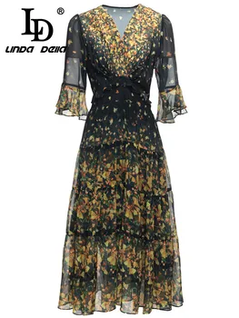 Летнее дизайнерское винтажное платье LD LINDA DELLA для подиума, женское элегантное вечернее платье с V-образным вырезом и высокой талией, принтом в виде складок