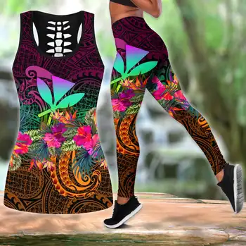 Женская комбинированная майка с гавайским цветочным принтом + леггинсы, спортивный костюм для йоги, летняя одежда больших размеров