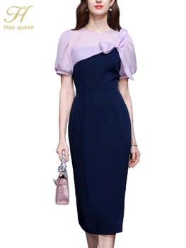 H Han Queen 2023, Весенне-летнее Элегантное платье-карандаш с бантом в стиле пэчворк, женские Корейские шикарные платья-футляры Простой серии Office Vestidos