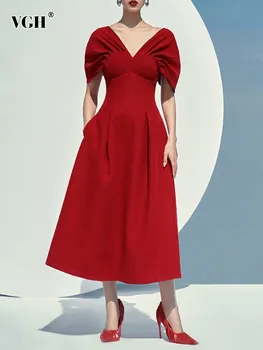 VGH, однотонное Элегантное платье для женщин, V-образный вырез, рукав-лепесток, Высокая талия, складки, платья для похудения, женская модная одежда