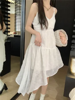 Белое мини-платье Женское Fairycore, Шикарное лето, Нерегулярный Новый V-образный вырез, Сексуальный досуг, Отпуск во французском стиле, Нежная эстетика без рукавов