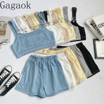 Модный универсальный ремешок контрастного цвета, короткий камзол + эластичные широкие шорты с высокой талией, комплект из двух предметов для летних женщин
