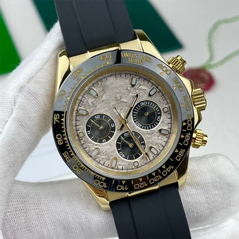 Новые роскошные мужские часы 2023 года с механическим механизмом Three Eyes, наручные часы с метеоритным циферблатом, золотой Черный резиновый керамический безель