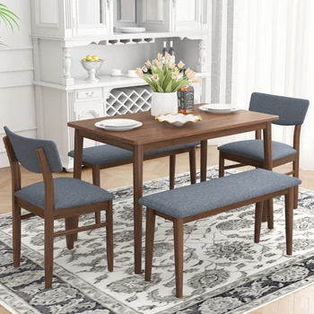 Обеденный стол, кухонный обеденный стол с 1 прямоугольным столом, 2 скамейками без спинок и 2 стульями, подходит для небольшого пространства столовой